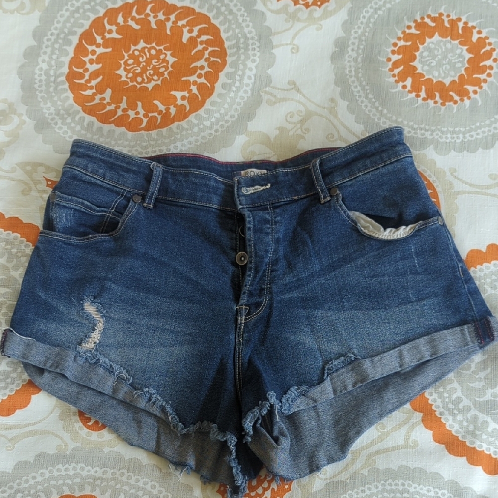 Roxy Blue Jean Shorts with Frayed Hem and Distressed Details